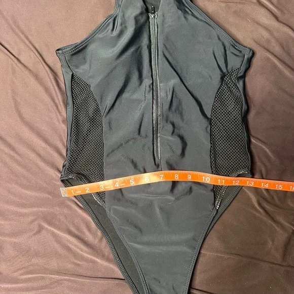 Black One-Piece Zip Up Swimsuit with Mesh Accents - Picture 10 of 13